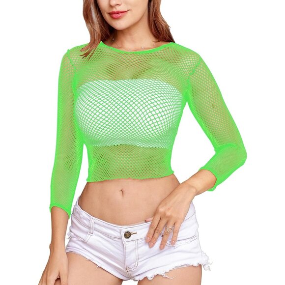 🆕 Women Green Fishnet Long Sleeve Crop Top Mini Lingerie Mesh Babydolls Chemise - Picture 1 of 7